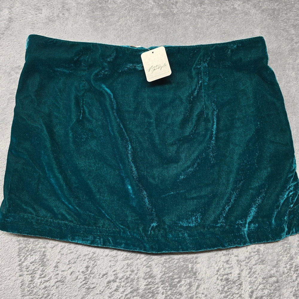 Free People Velvet Mini Skirt Womens 8 Deep Teal Side Slit Zipper‎ NWT OB1585598